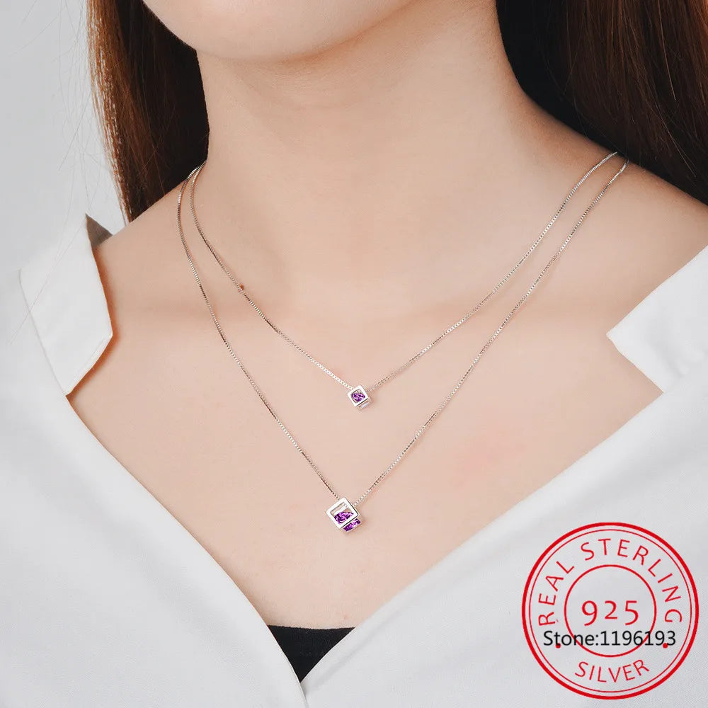 Round Natural Amethyst Double Layer Cube Pendant Necklace