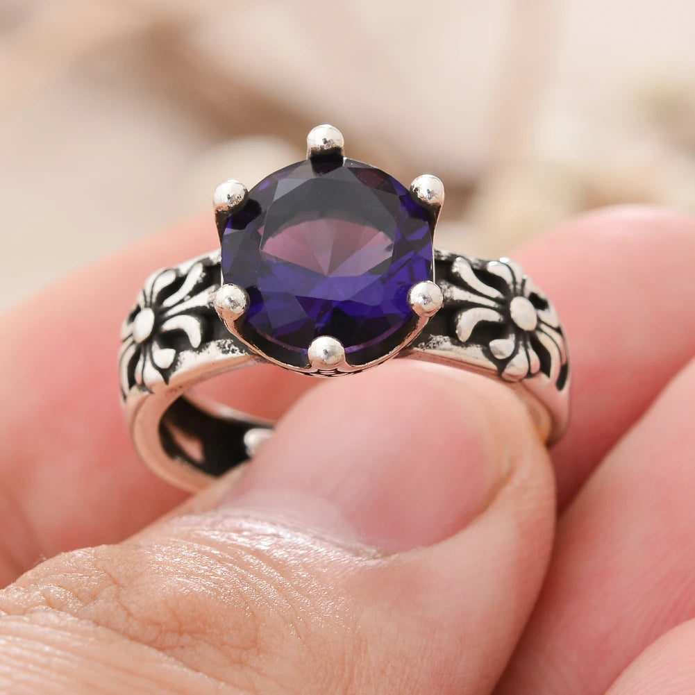 Vintage Flower Shiny Purple Crystal Thai Silver Ring