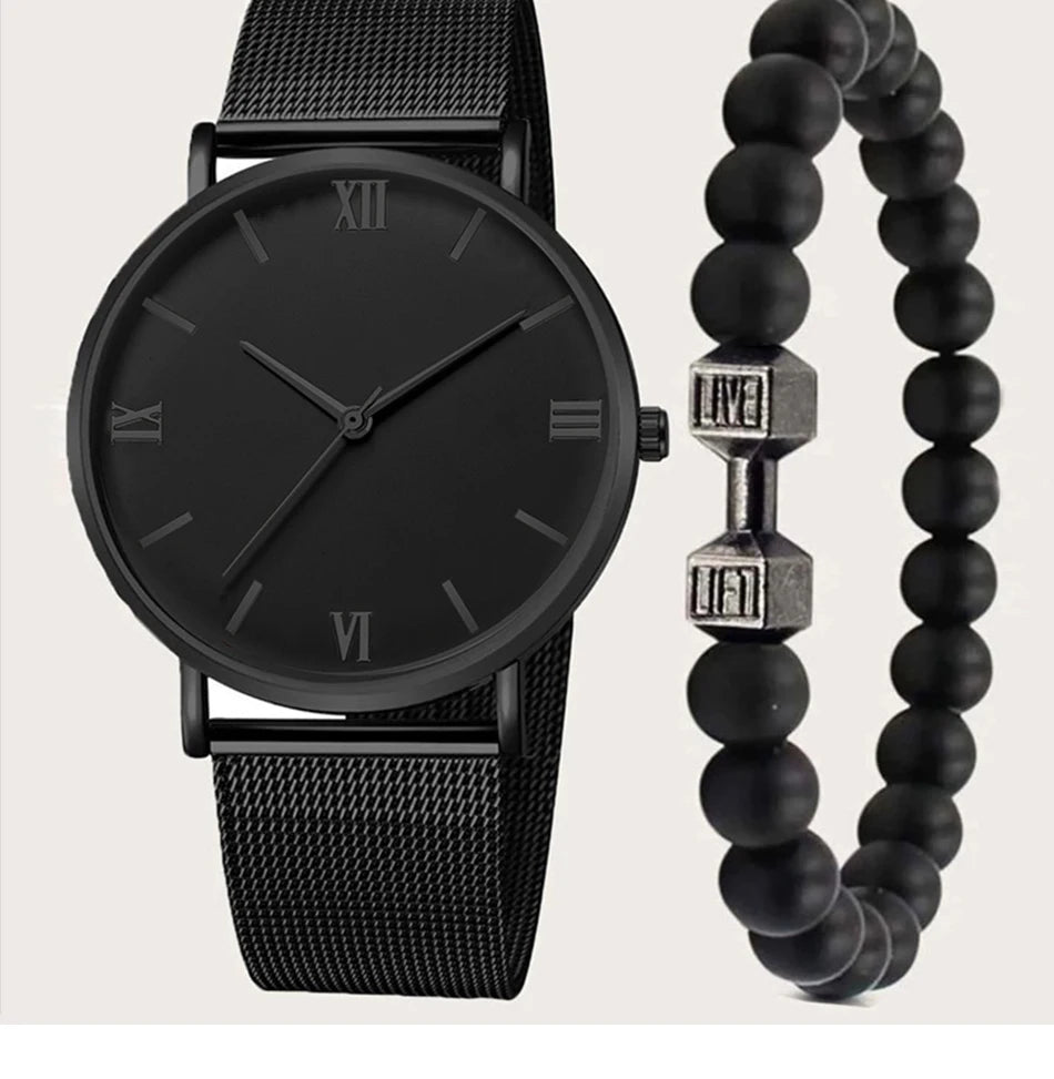 Men's Watch Stainless steel  Mesh  Watch with Dumbbell Bead String Bracelet