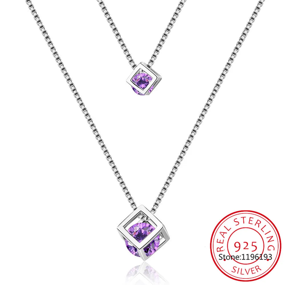 Round Natural Amethyst Double Layer Cube Pendant Necklace