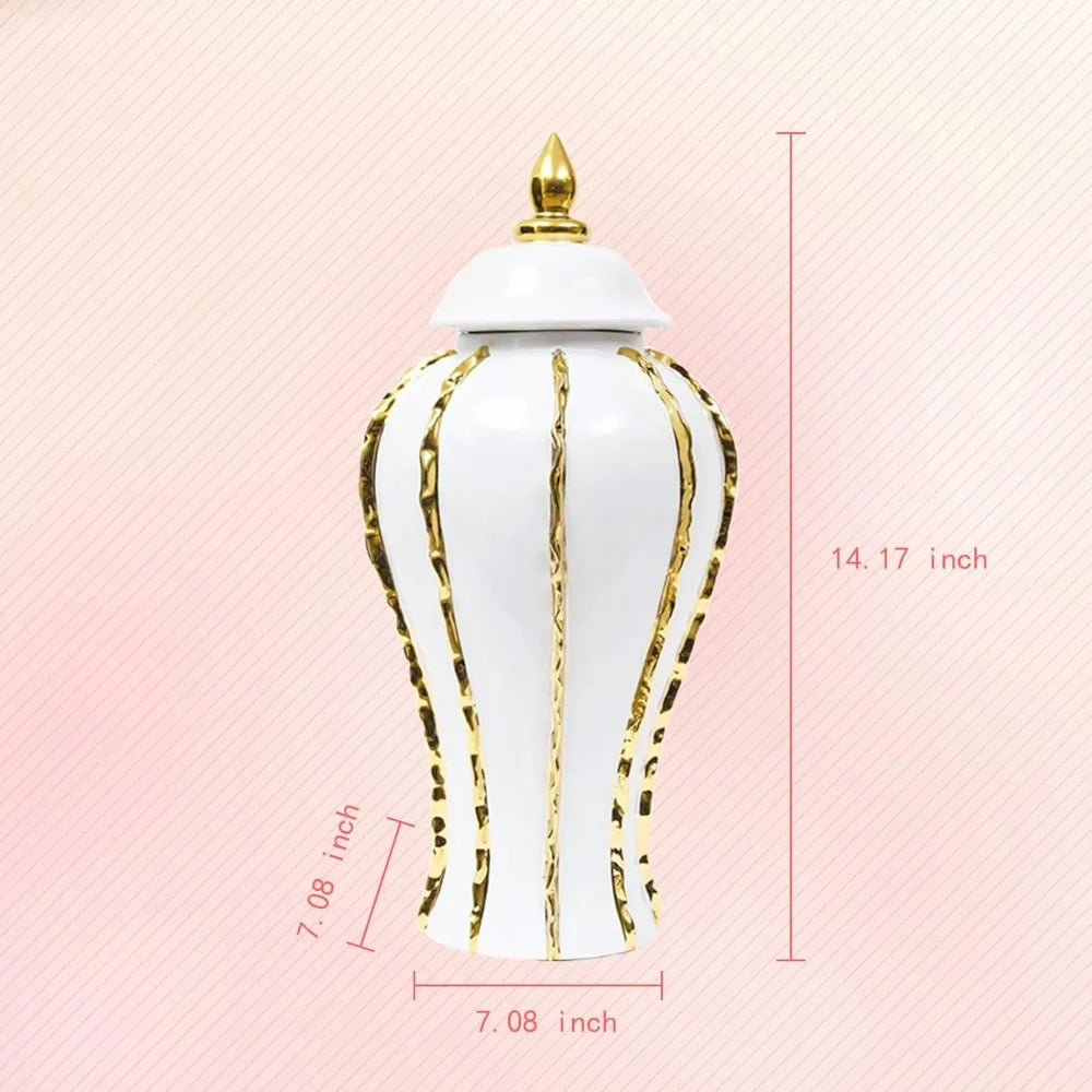 14 inch white ceramic vase with gold decoration