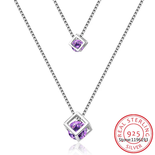 Round Natural Amethyst Double Layer Cube Pendant Necklace