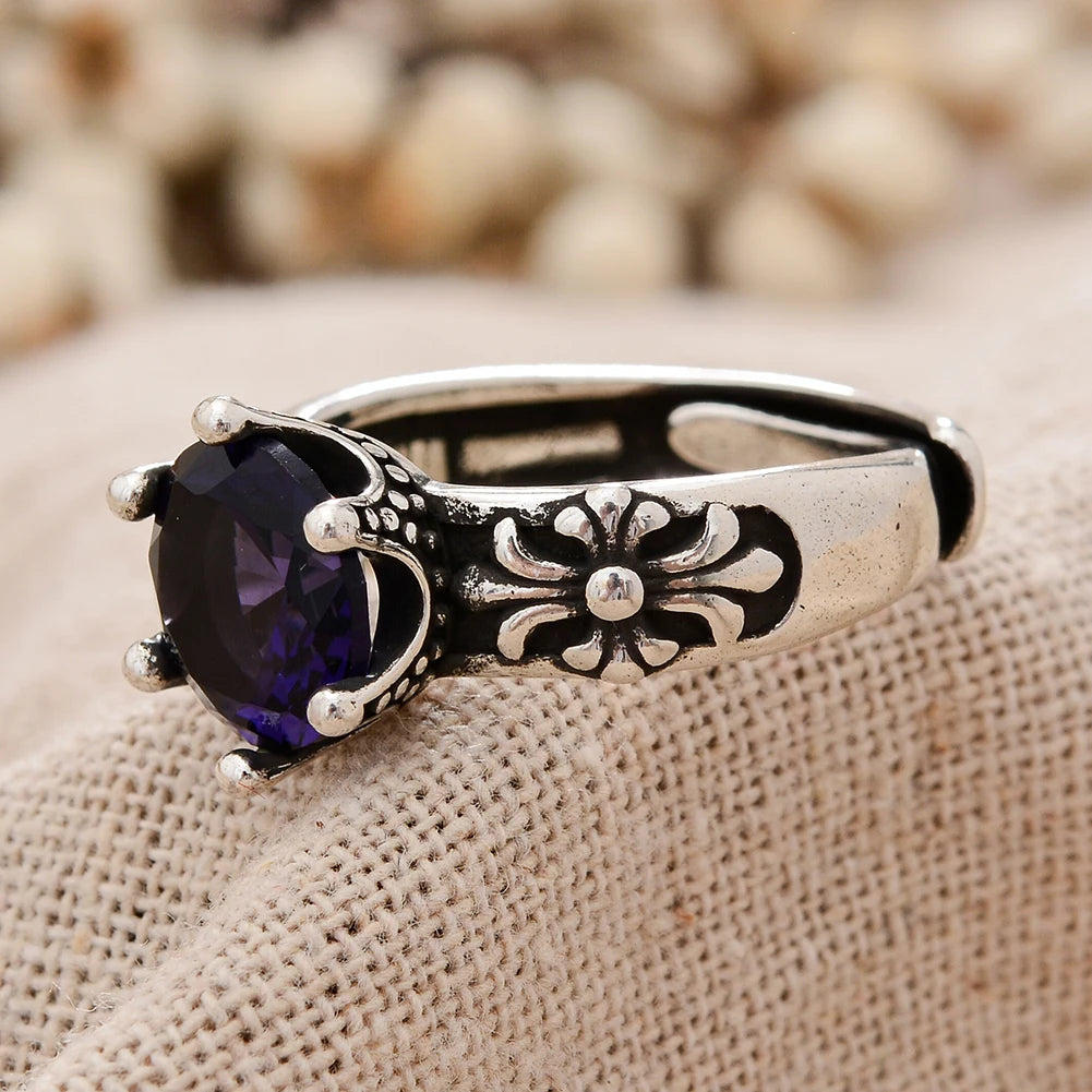 Vintage Flower Shiny Purple Crystal Thai Silver Ring