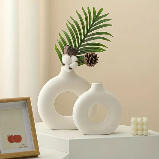 White Ceramic Round Matte Pampas Flower Vases