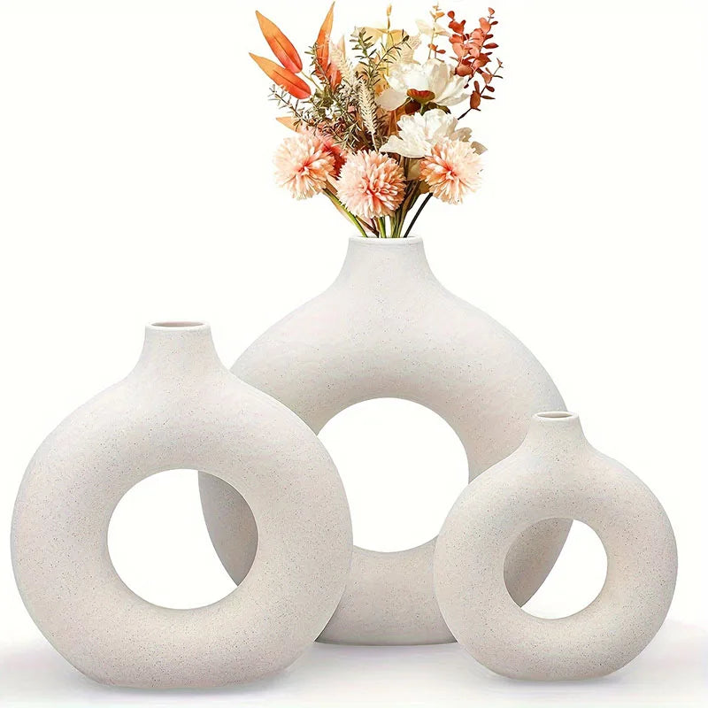 White Ceramic Round Matte Pampas Flower Vases