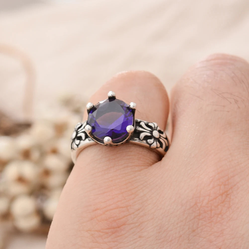 Vintage Flower Shiny Purple Crystal Thai Silver Ring