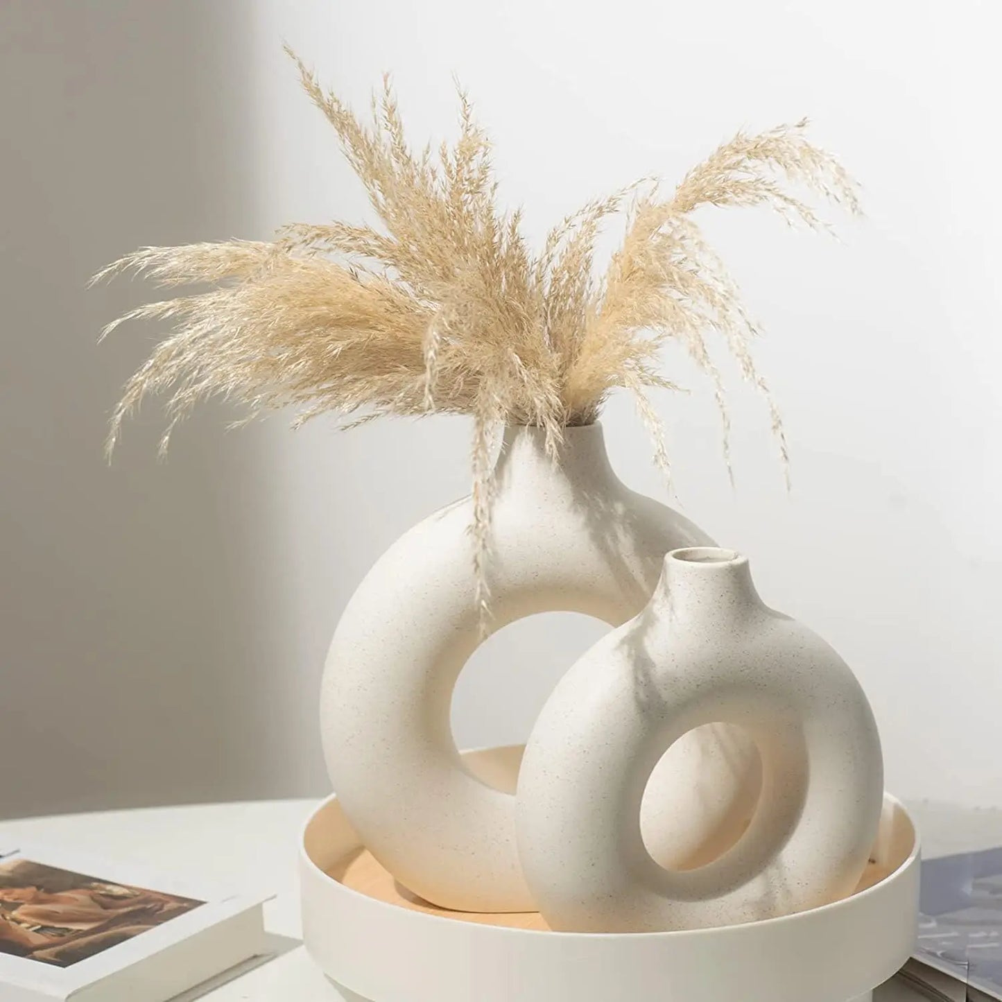 White Ceramic Round Matte Pampas Flower Vases