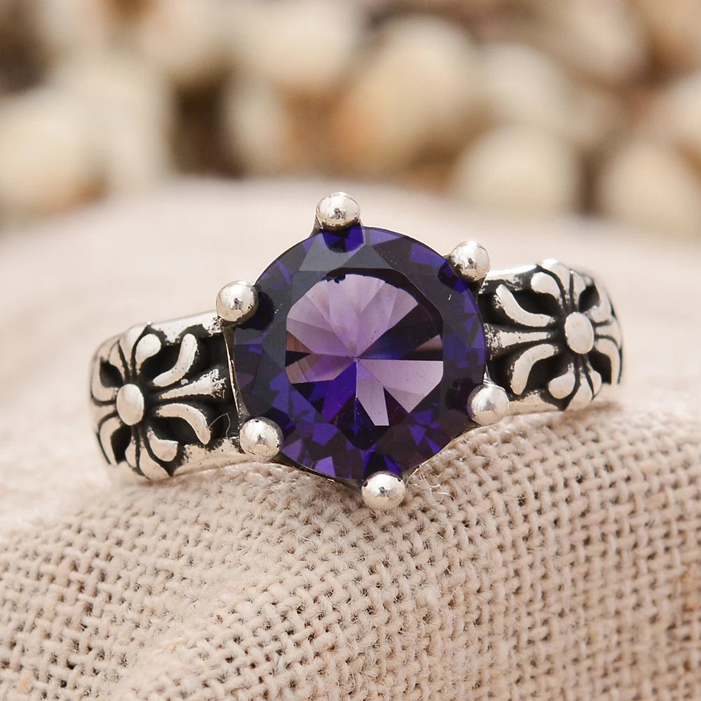 Vintage Flower Shiny Purple Crystal Thai Silver Ring