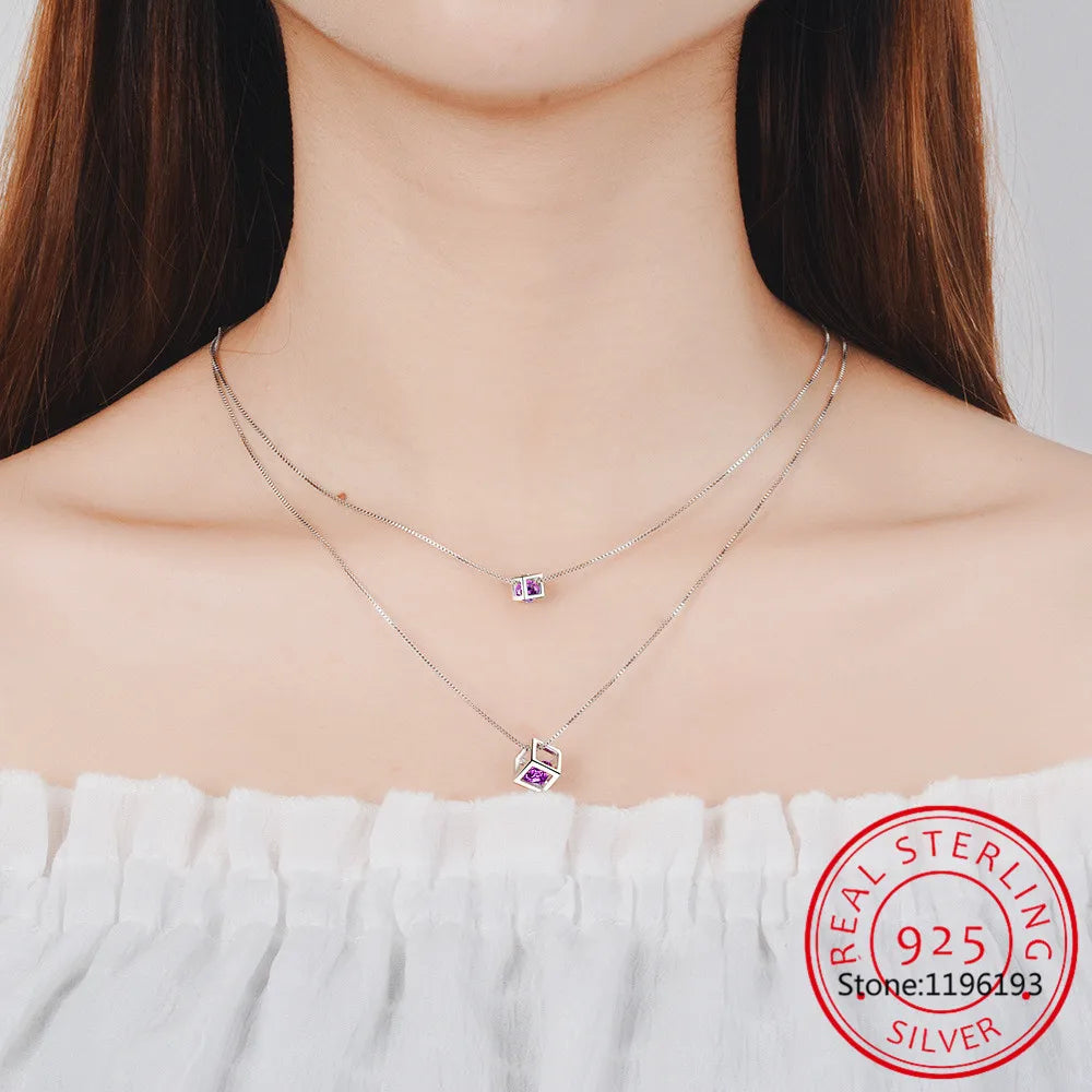 Round Natural Amethyst Double Layer Cube Pendant Necklace