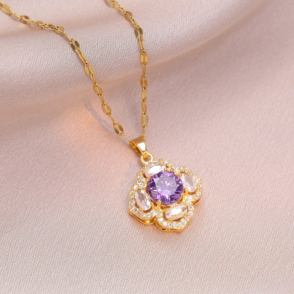 Purple Zircon Flower Pendant Necklace