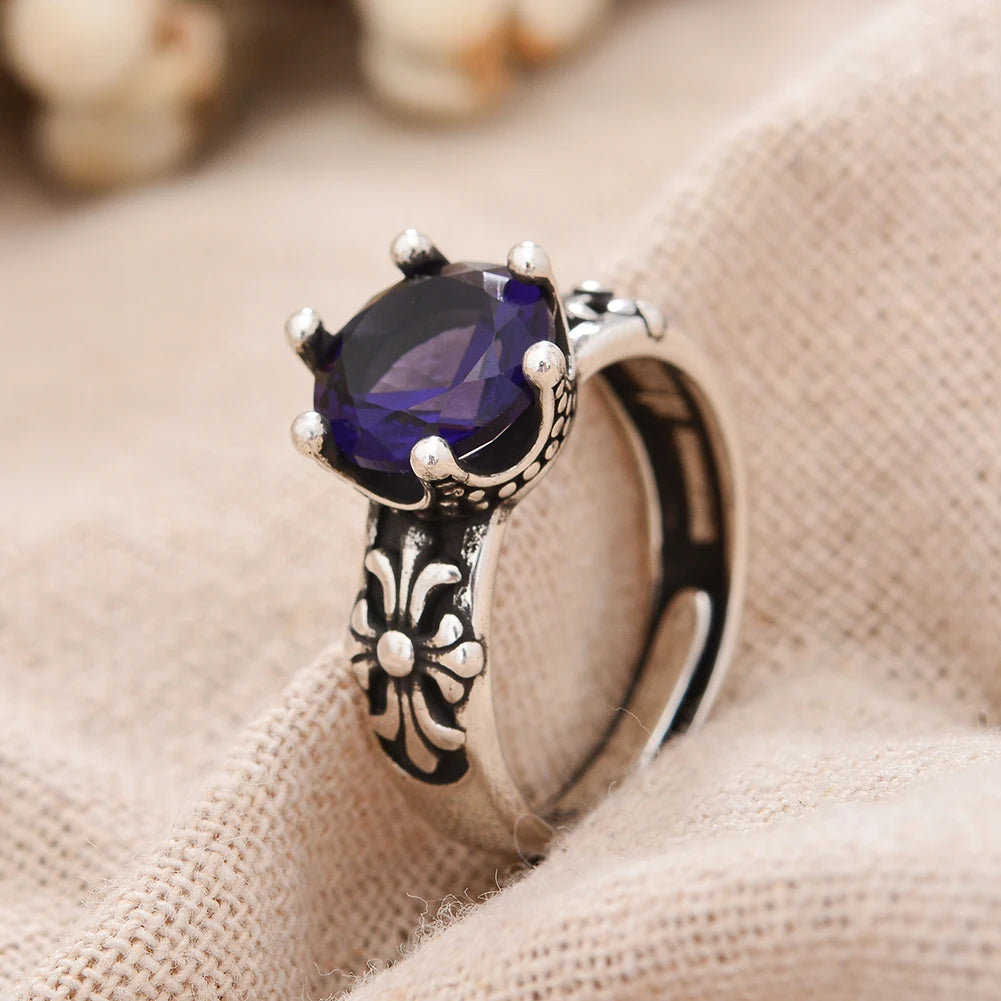 Vintage Flower Shiny Purple Crystal Thai Silver Ring