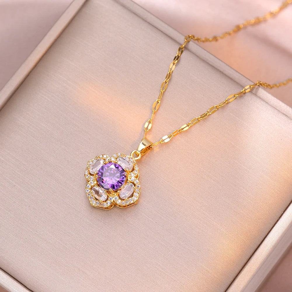 Purple Zircon Flower Pendant Necklace