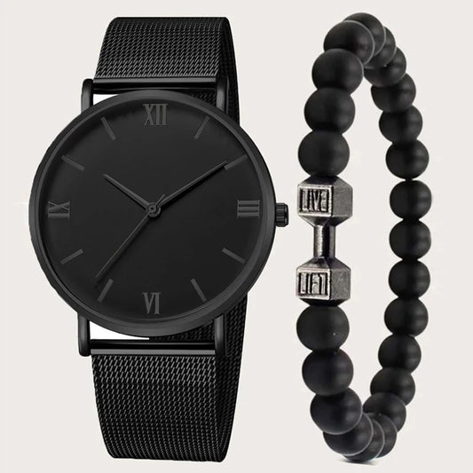 Men's Watch Stainless steel  Mesh  Watch with Dumbbell Bead String Bracelet